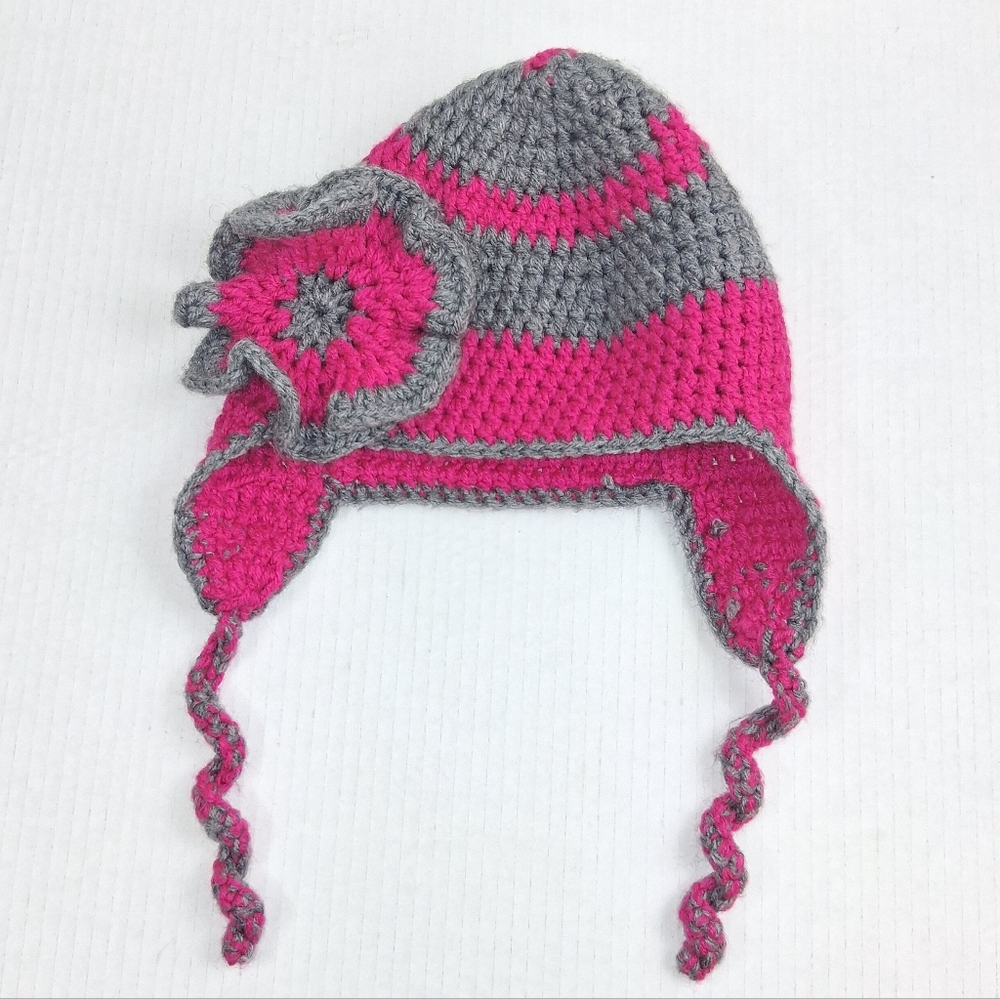 Crochet Earflap Pink Gray Embroidered Flower Beanie